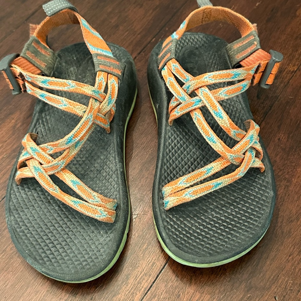 Chaco Size J 2 Sandals with Orange and Blue Straps